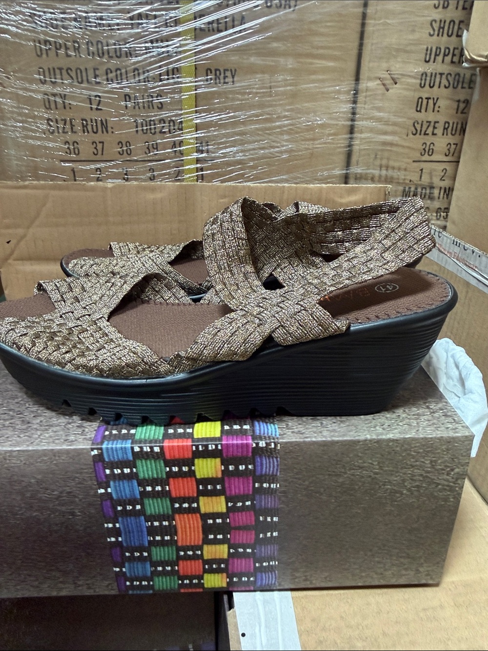 bernie mev. Braided Brown Wedge Sandal with Black Sole fame bronze memory foam